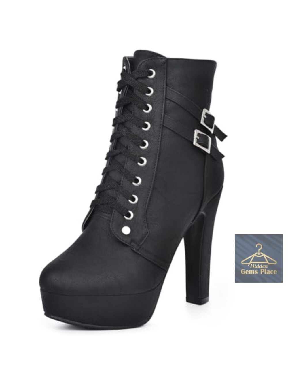 Womens Platform High Heel Ankle Boots PU Lace Up Round Toe